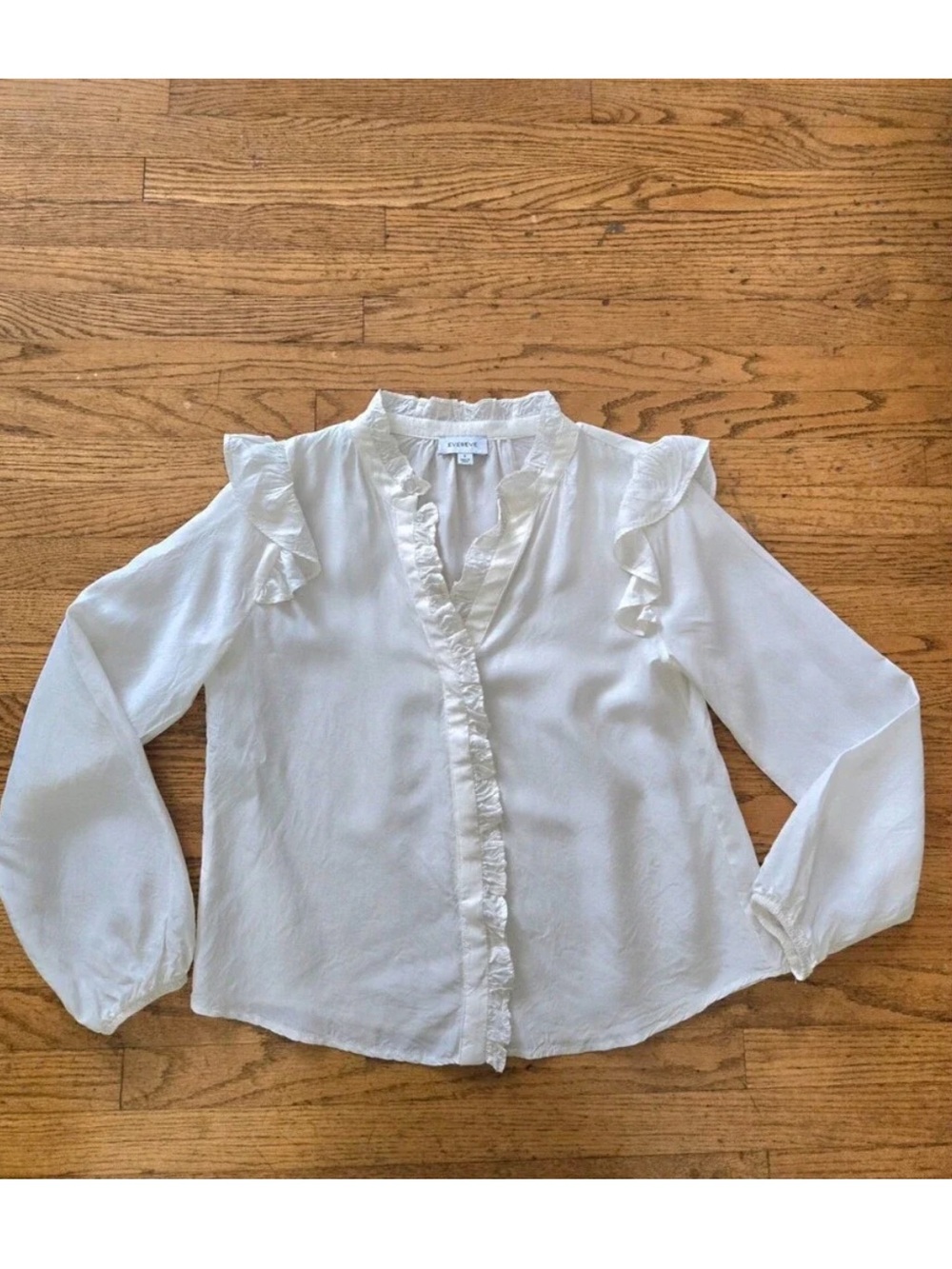 Evereve Ivory White Ruffle-Trim Long Sleeve Blouse